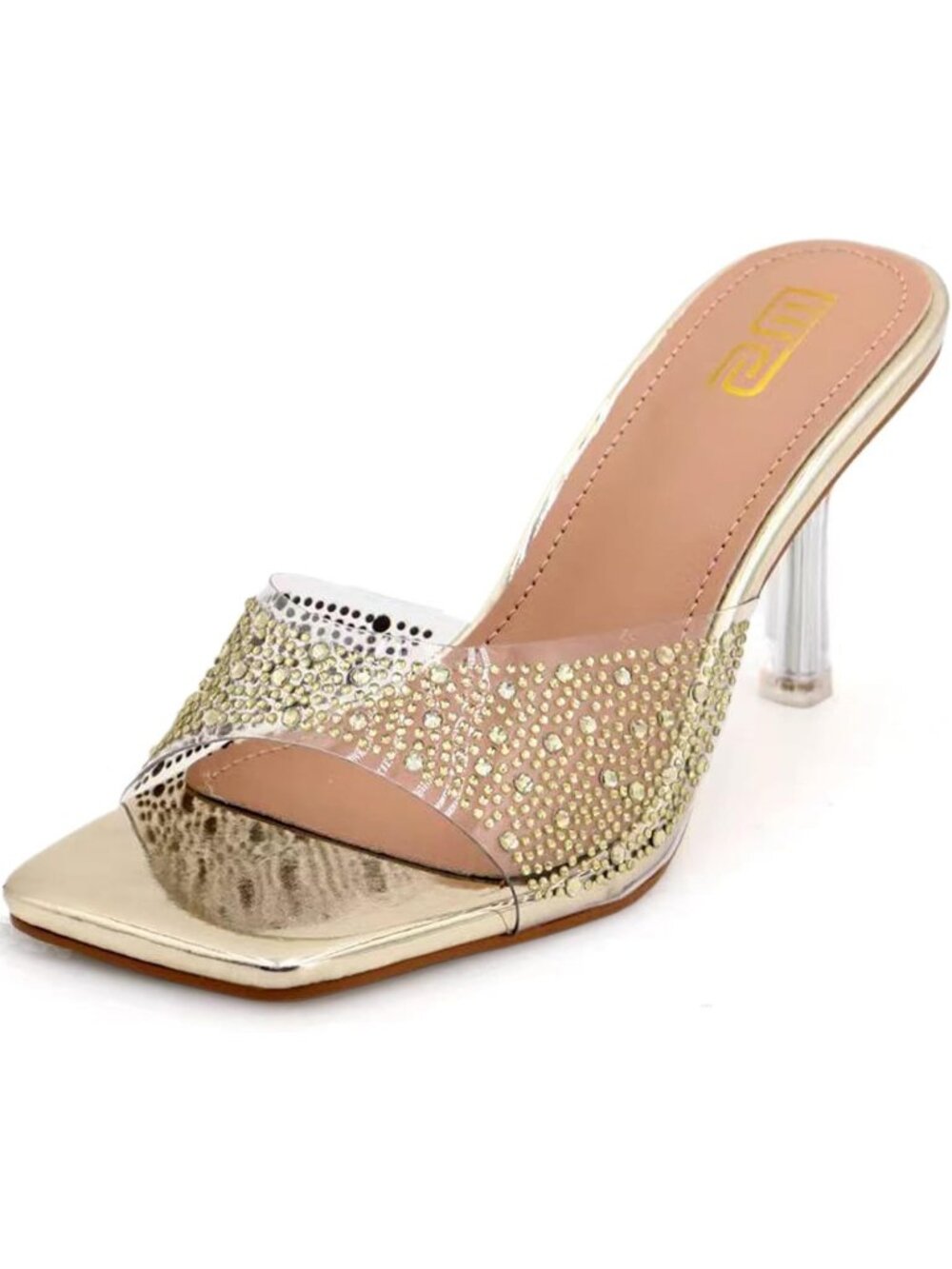 Women's Gold Rhinestone Stiletto Square Open Toe Backless High Heel Party Sandal